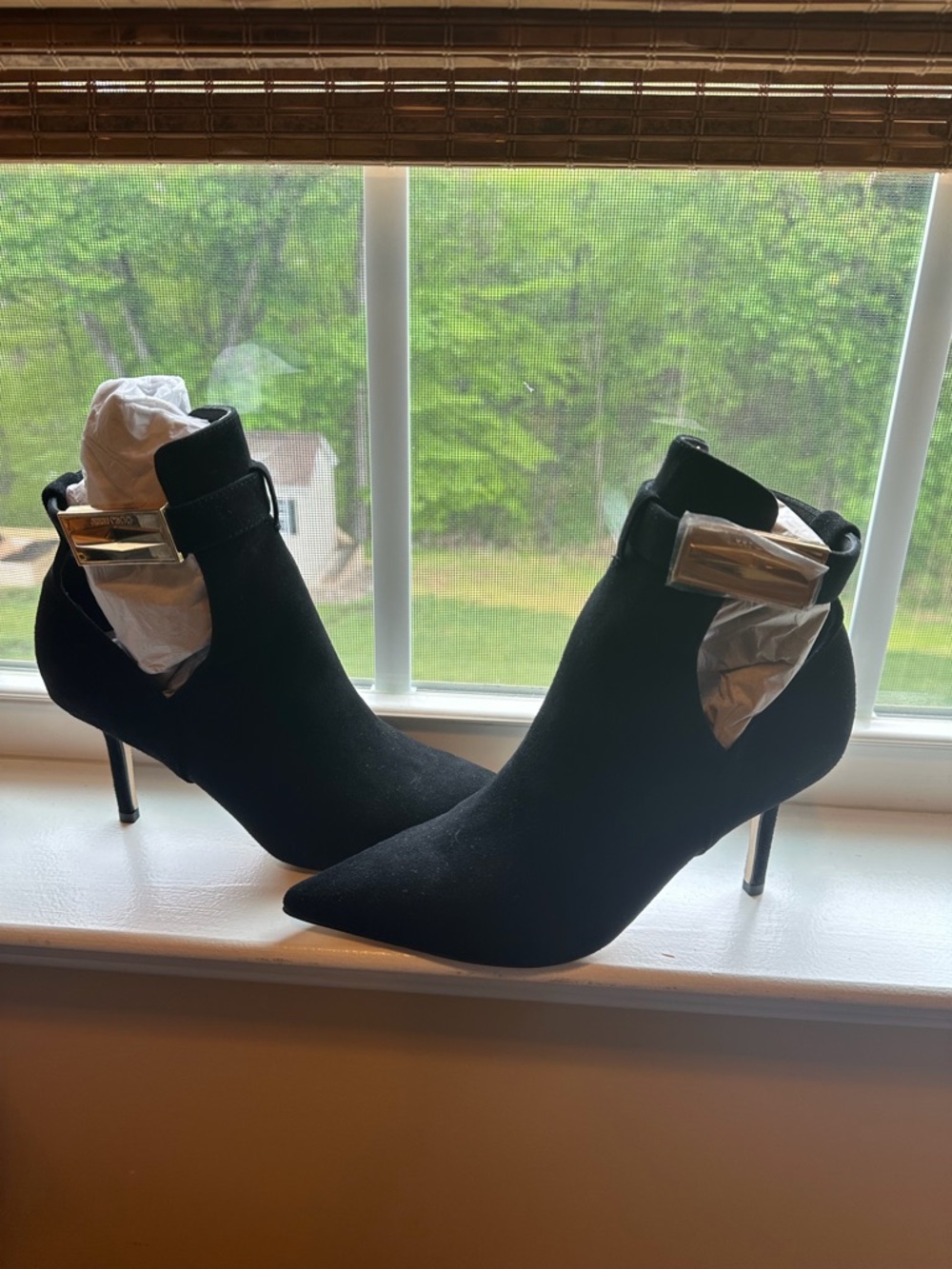 Pointed Black Suede Ankle Booties with Silver Buckle Detail